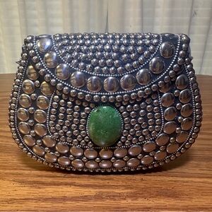 Ramla Handmade Silver Mosaic Studded Clutch Purse with Green Embellishment